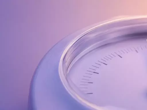 Close-up of a circular analog gauge with a silver needle and measurement marks, set against a purple–peach gradient background