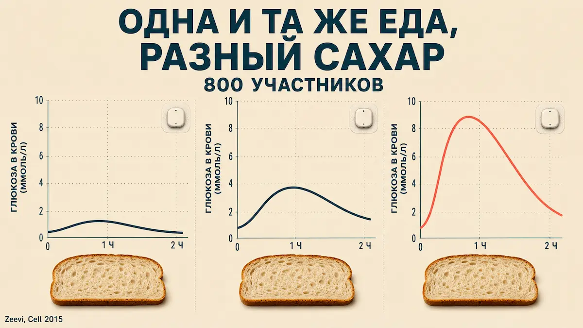 Эксперимент Zeevi 2015: разная реакция на одинаковую еду индивидуальная реакция на углеводы: 800 человек и 46 898 приёмов пищи