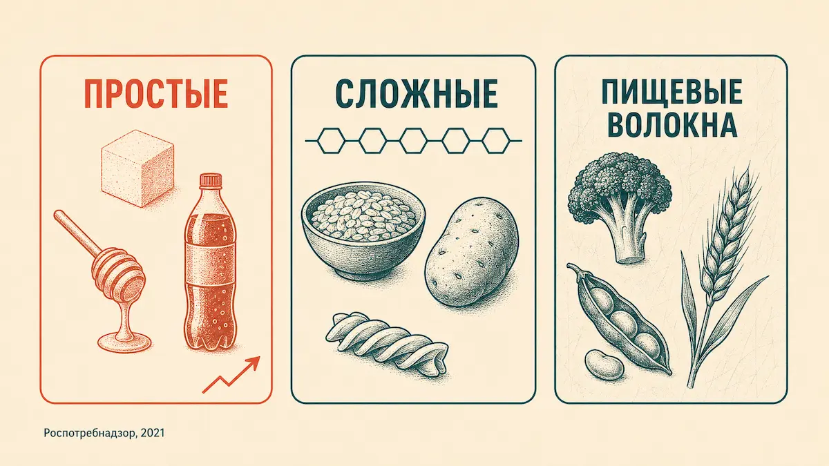 Классификация углеводов виды углеводов: простые, сложные и пищевые волокна — схема
