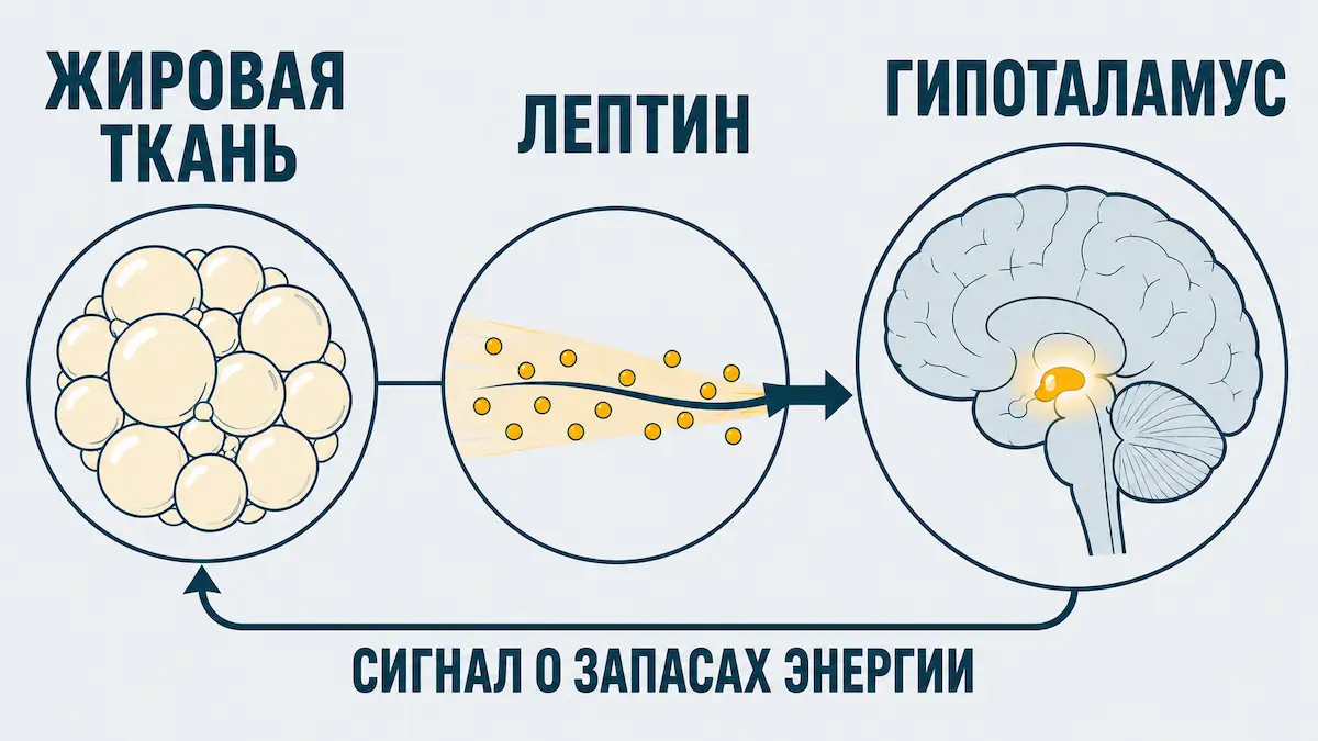 схема: как лептин передаёт сигнал о запасах энергии в гипоталамус
