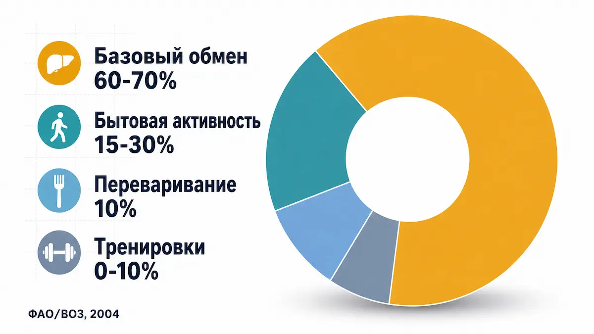 структура суточного расхода энергии: базовый обмен, бытовая активность, переваривание, тренировки