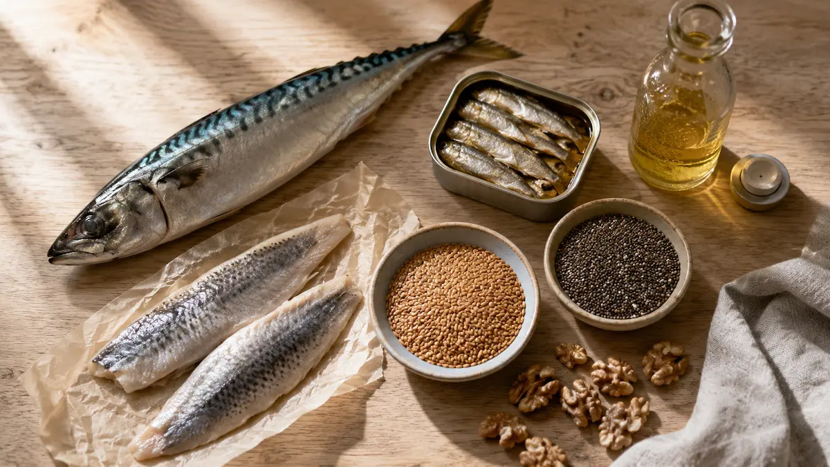 продукты с омега-3: жирная рыба, семена льна, грецкие орехи, растительные масла