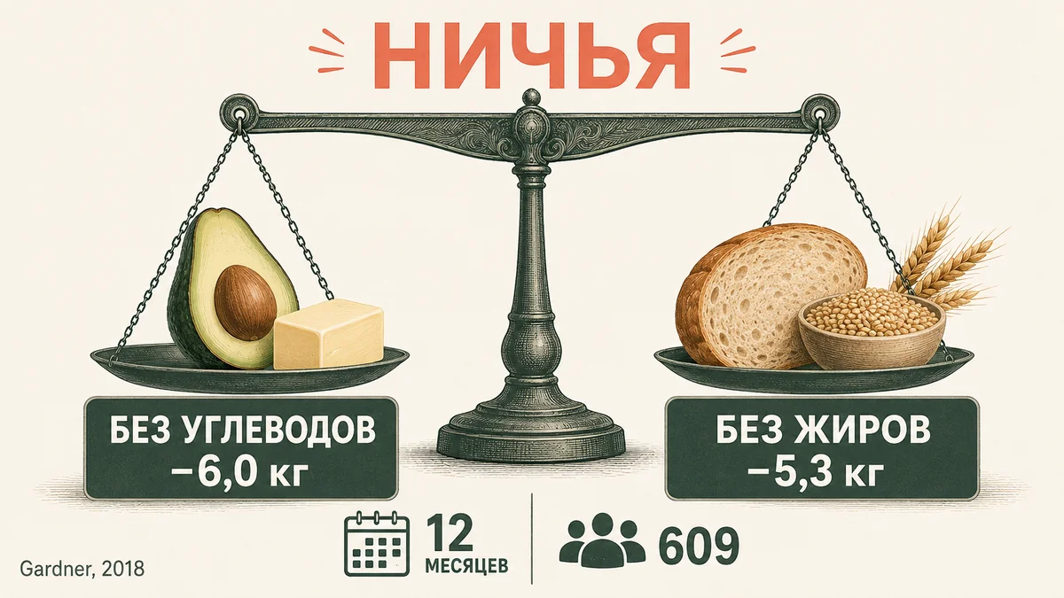 исследование DIETFITS: низкожировая и низкоуглеводная диета дали равный результат