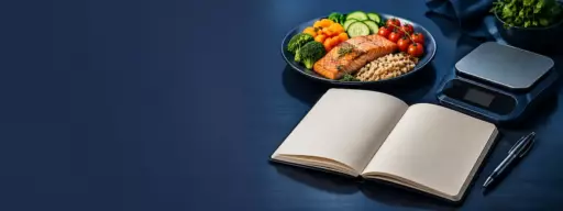 дневник питания — открытый блокнот с ручкой рядом с тарелкой и кухонными весами, Евразийская ассоциация диетологов и нутрициологов