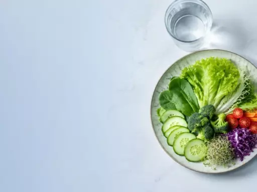 Plate of fresh vegetables with a kitchen scale and a measuring tape on a light marble surface.