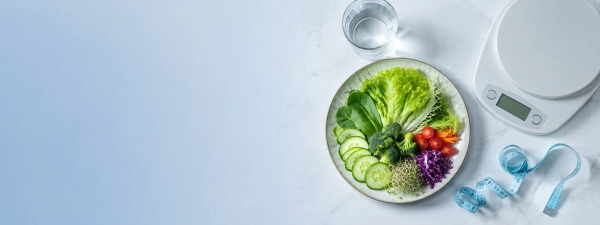 Plate of fresh vegetables with a kitchen scale and a measuring tape on a light marble surface.