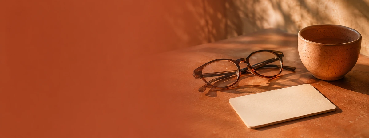 Brown ceramic cup, a pair of round glasses, and a blank card on a warm-toned tabletop in soft sunlight.
