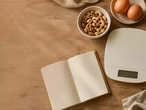 Open recipe notebook on a wooden kitchen table beside a digital scale, with bowls of salmon, eggs, nuts, seeds, olive oil, and a veggie bowl.