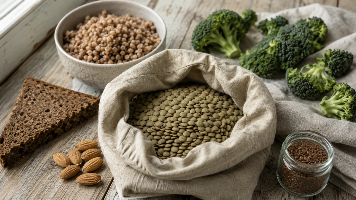продукты с клетчаткой на столе: крупы, бобовые, овощи и зелень