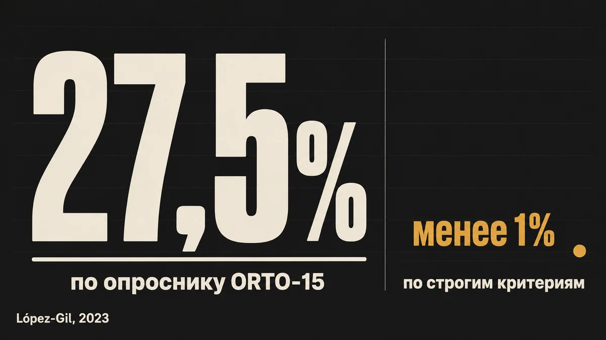 распространённость орторексии: 27,5 процента по опроснику ORTO-15 против менее 1 процента по строгим критериям