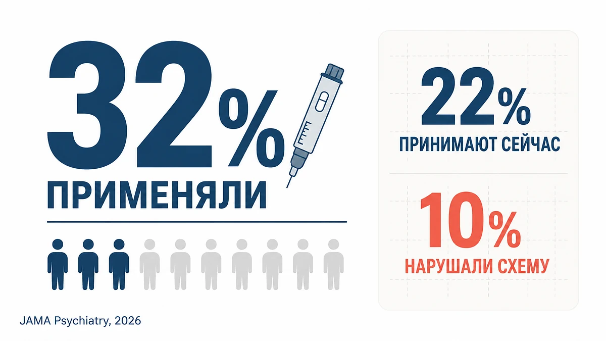 Применение агонистов ГПП-1 при расстройствах пищевого поведения инфографика: препараты и РПП в цифрах — 32% применяли ГПП-1, 22% принимают сейчас, 10% нарушали схему