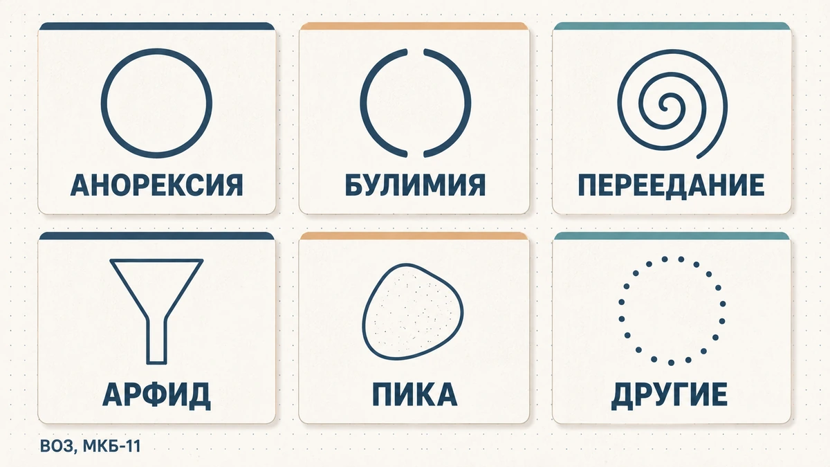 виды РПП по МКБ-11: анорексия, булимия, приступообразное переедание, АРФИД