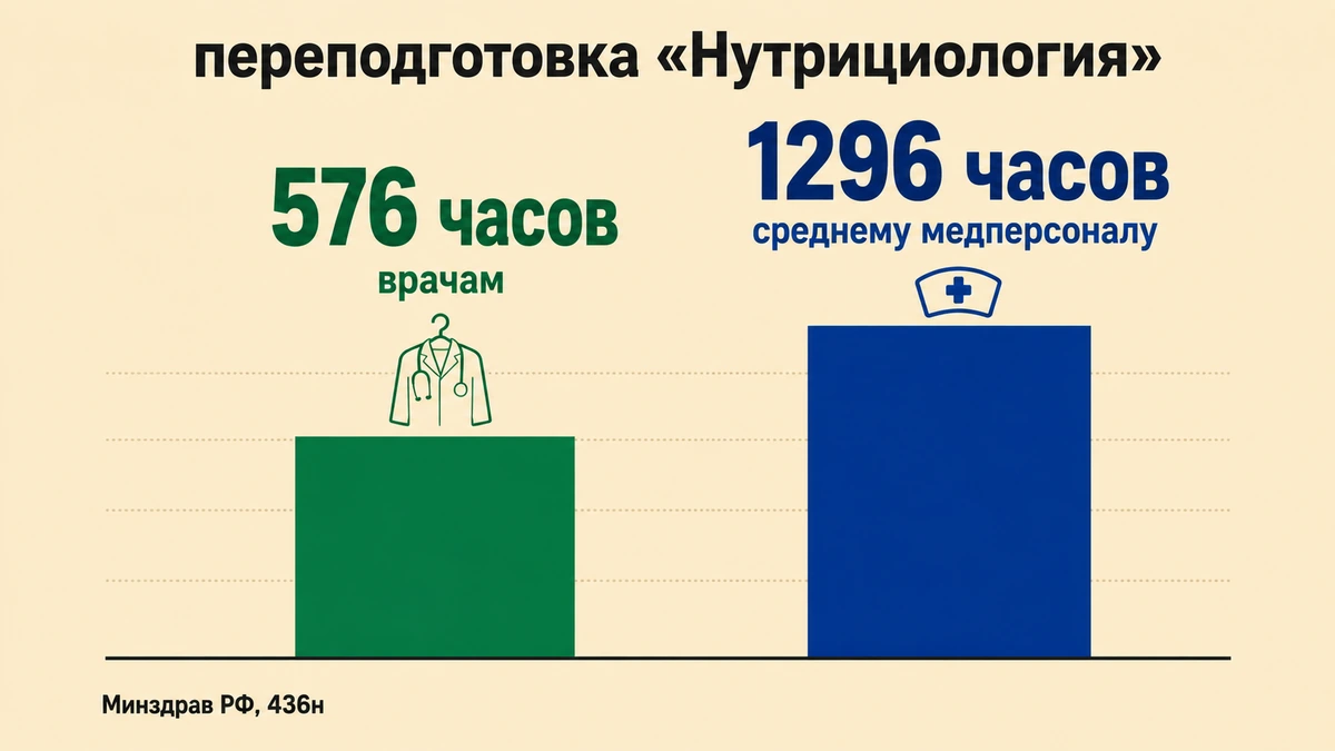 Как стать нутрициологом — объём переподготовки по приказу Минздрава 436н: 576 часов врачам и 1296 часов среднему медперсоналу