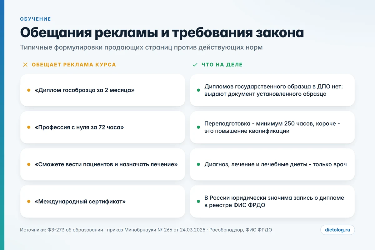 Обещания рекламы и требования закона Курсы нутрициологии: обещания рекламы и требования закона - сравнение формулировок