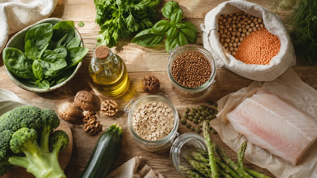 набор продуктов для здорового рациона: овощи, крупы, бобовые, рыба, орехи
