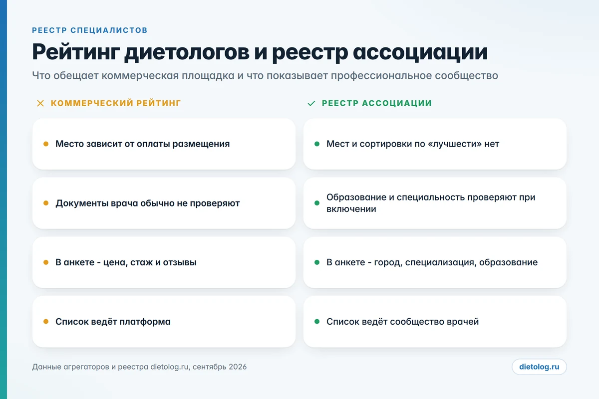 Рейтинг диетологов и реестр ассоциации: сравнение того, что обещает коммерческая площадка и что показывает профессиональное сообщество