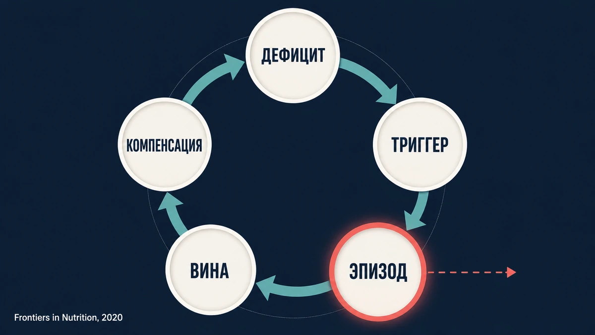 цикл срыва на диете: дефицит, триггер, эпизод, вина, компенсация