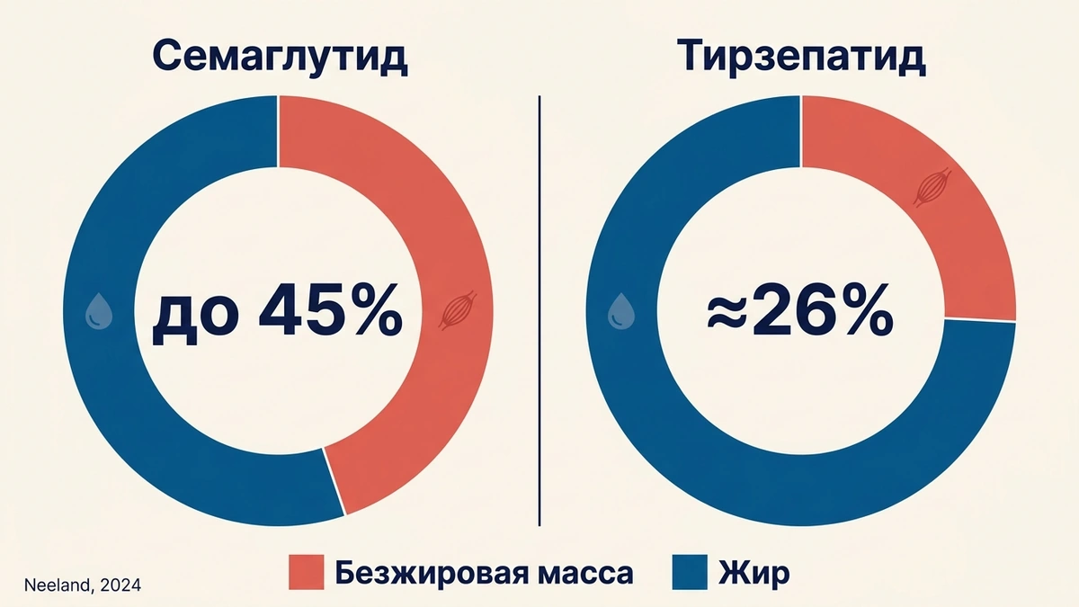 Семаглутид после 40 и 60: потеря мышц и доля безжировой массы в снижении веса по данным STEP 1 и SURMOUNT-1