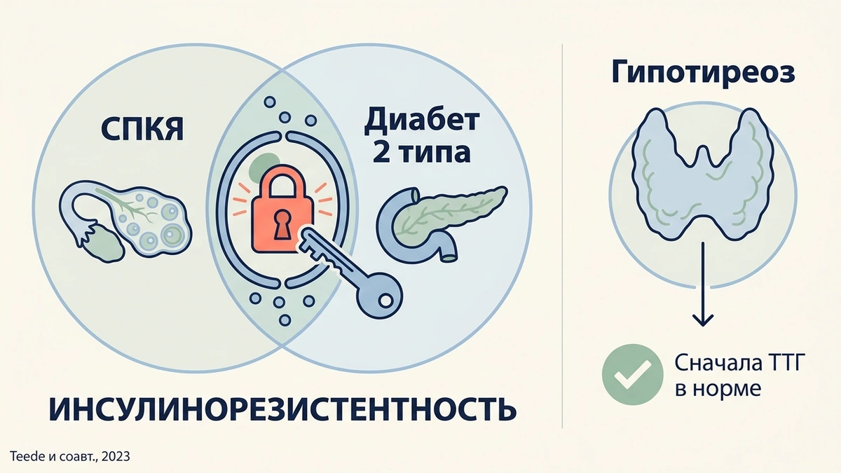 Семаглутид при СПКЯ и диабете 2 типа: схема общей роли инсулинорезистентности и отличия гипотиреоза