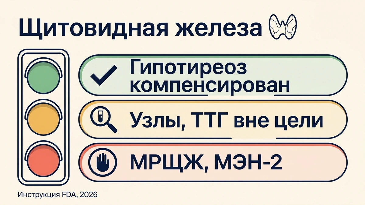 Семаглутид при гипотиреозе: светофор состояний щитовидной железы — можно, с осторожностью, нельзя